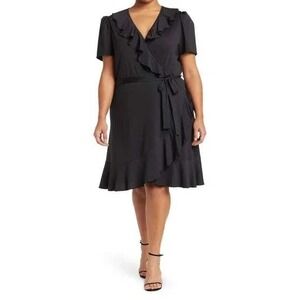BY Design Black Wrap Dress Ruffle Trim Short Sleeve Casual Size L
